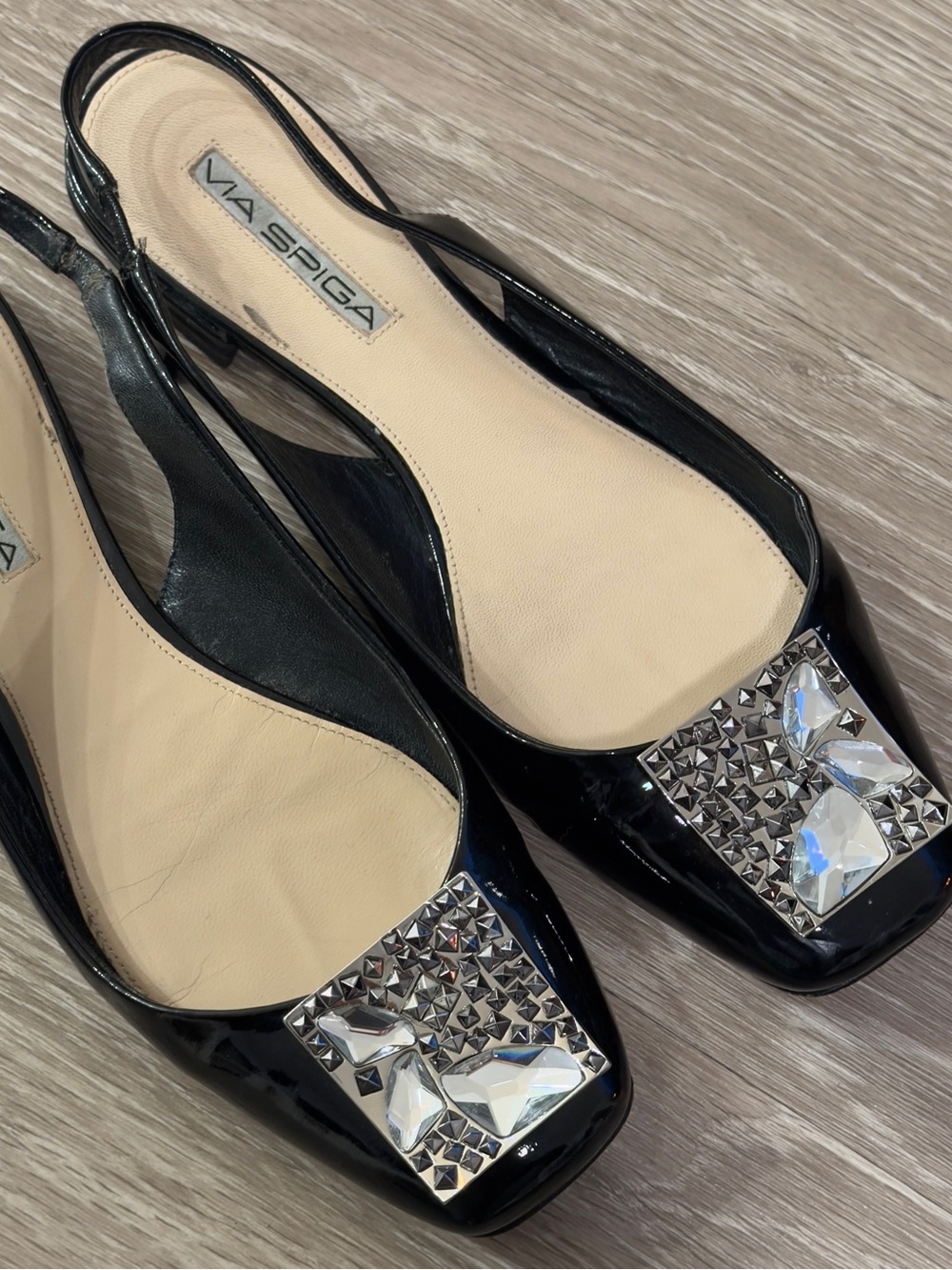 Via Spiga Black Patent Leather Jeweled Square Toe Slingback Flats Size 8M